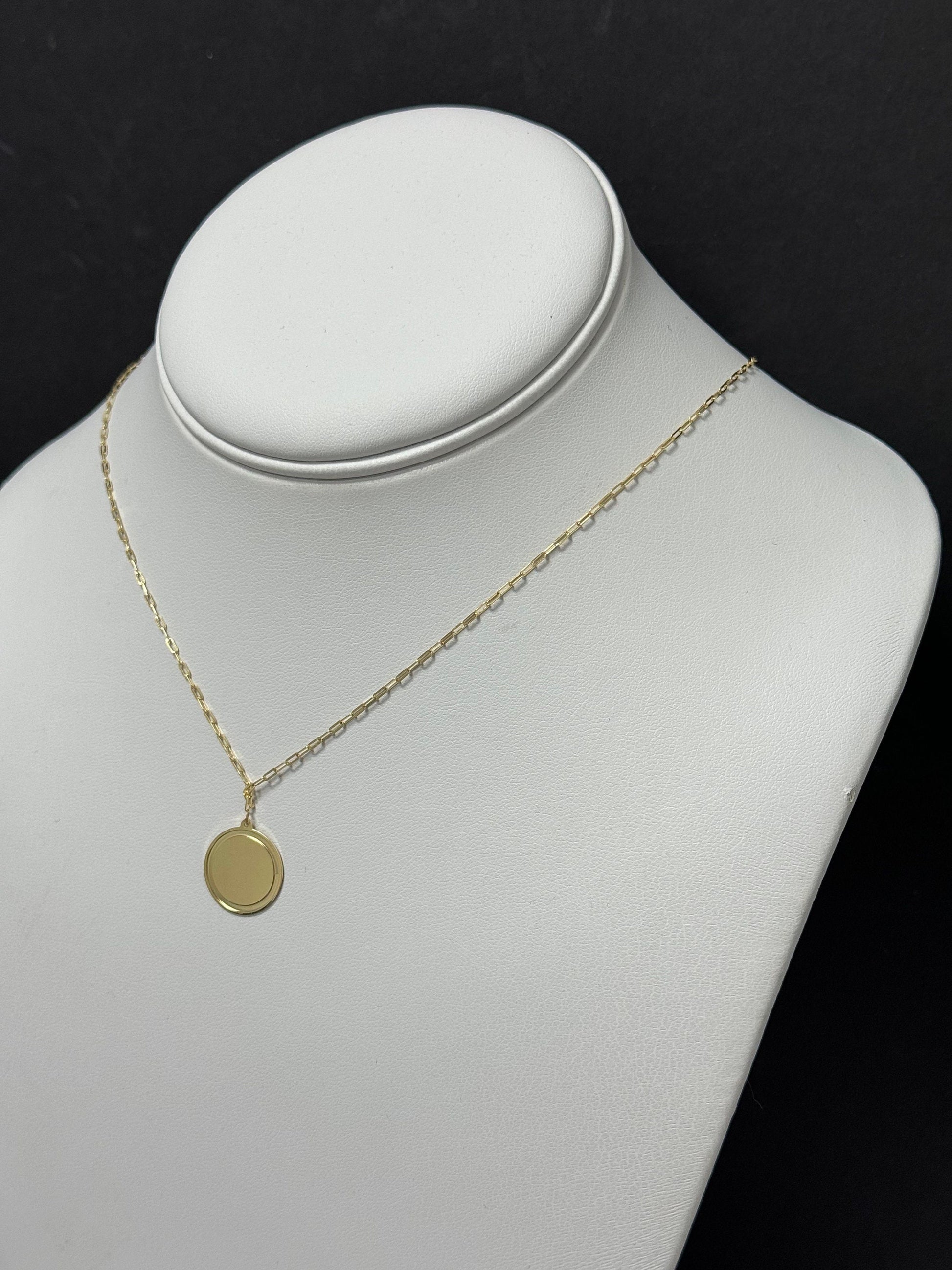 14K Yellow Gold Paperclip Chain With Engravable Round Tag, 18" Real Gold Paperclip Necklace, 15mm Gold Disc Pendant Chain, Women