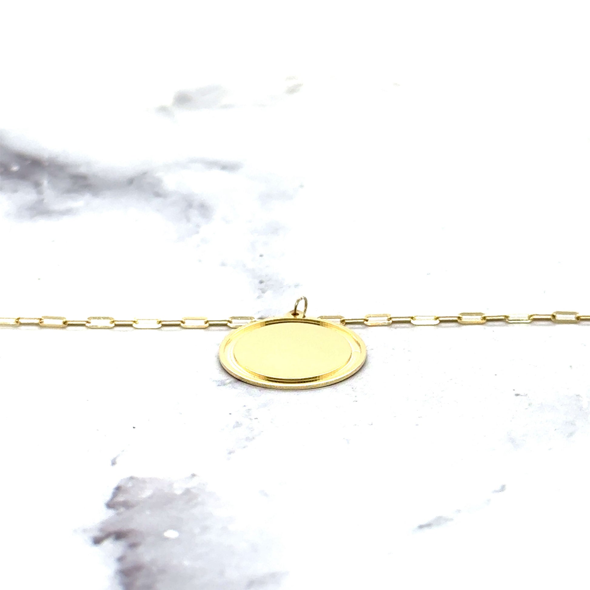 14K Yellow Gold Paperclip Chain With Engravable Round Tag, 18" Real Gold Paperclip Necklace, 15mm Gold Disc Pendant Chain, Women