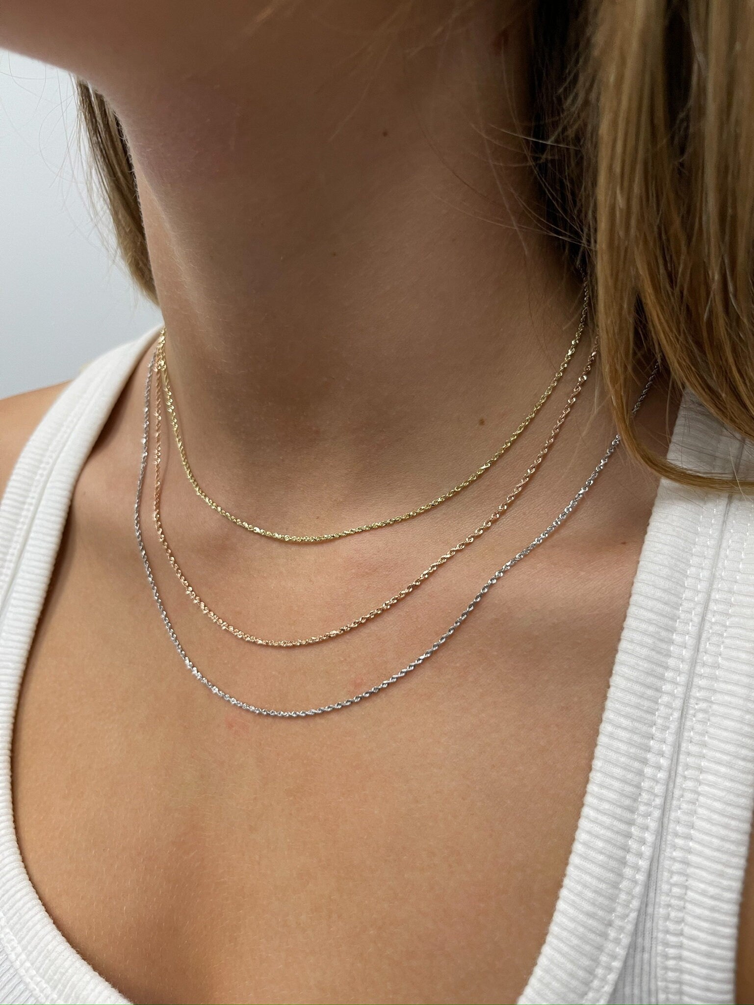 Solid 14K Gold 1.6mm Royal Rope Chain with Lobster Lock, 16" 18" 20" 22" 24" 30" Long, Yellow White Rose Gold, Real Gold Chain, Women