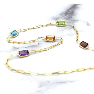 14K Yellow Gold Paperclip Gemstone Necklace, 17", Garnet, Blue Topaz, Citrine, Amethyst, Peridot, Birthstone Necklace, Women