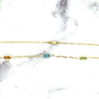 14K Yellow Gold Paperclip Gemstone Necklace, 17", Garnet, Blue Topaz, Citrine, Amethyst, Peridot, Birthstone Necklace, Women