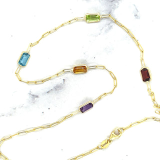 14K Yellow Gold Paperclip Gemstone Necklace, 17", Garnet, Blue Topaz, Citrine, Amethyst, Peridot, Birthstone Necklace, Women