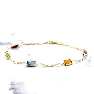 14K Yellow Gold Paperclip Gemstone Bracelet, 7", Garnet, Blue Topaz, Citrine, Amethyst, Peridot, Birthstone Bracelet, Women