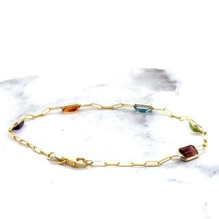 14K Yellow Gold Paperclip Gemstone Bracelet, 7", Garnet, Blue Topaz, Citrine, Amethyst, Peridot, Birthstone Bracelet, Women