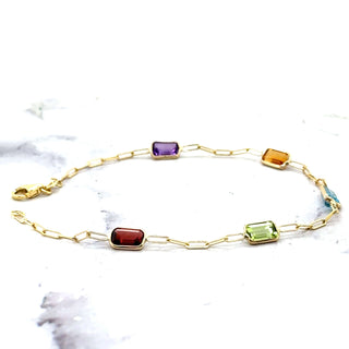 14K Yellow Gold Paperclip Gemstone Bracelet, 7", Garnet, Blue Topaz, Citrine, Amethyst, Peridot, Birthstone Bracelet, Women