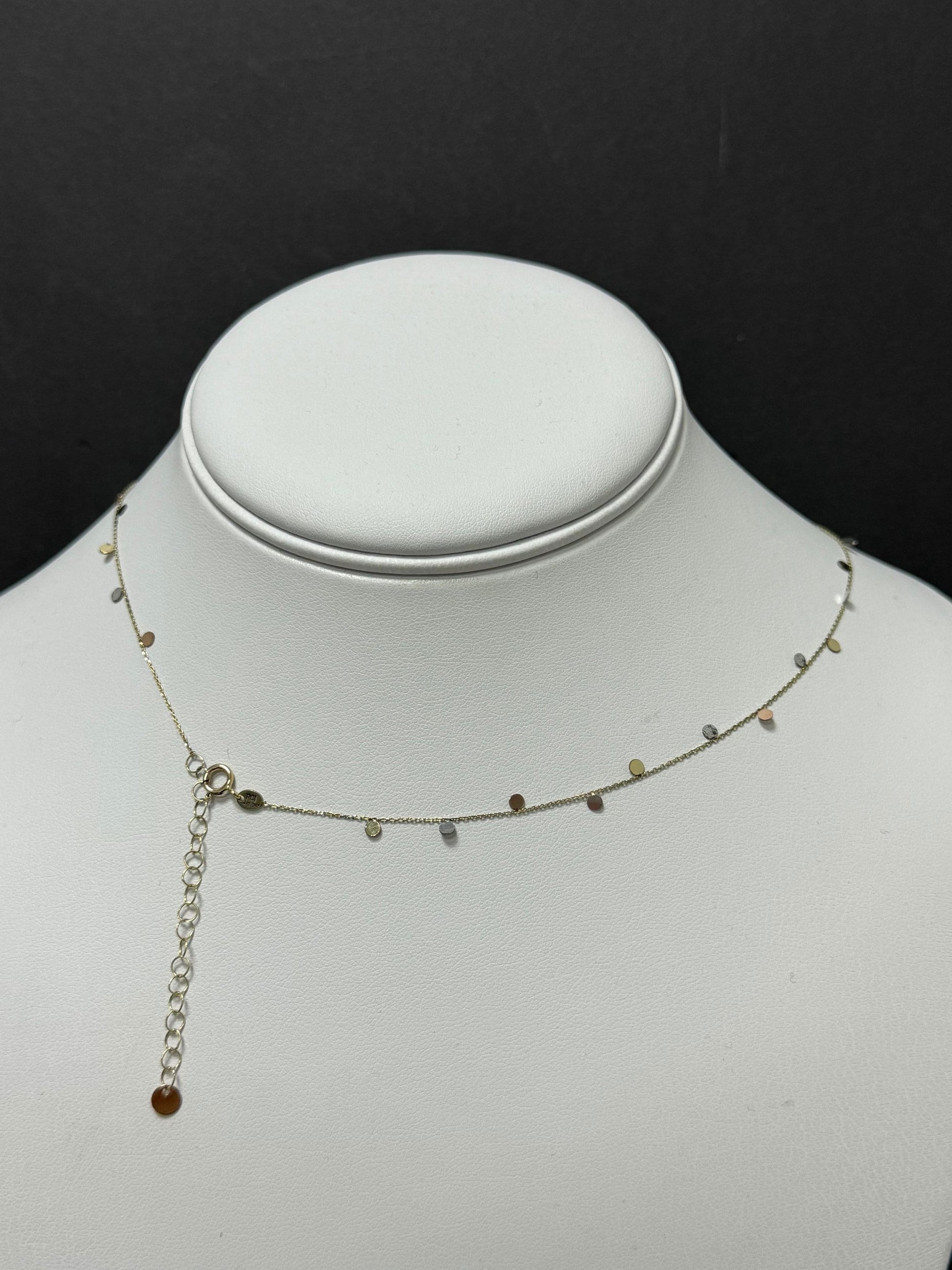 14K Tri-color Gold Dangling Circles Necklace, 18", Dainty Disc Chain, Yellow White Rose Gold, Real Gold Necklace, Women