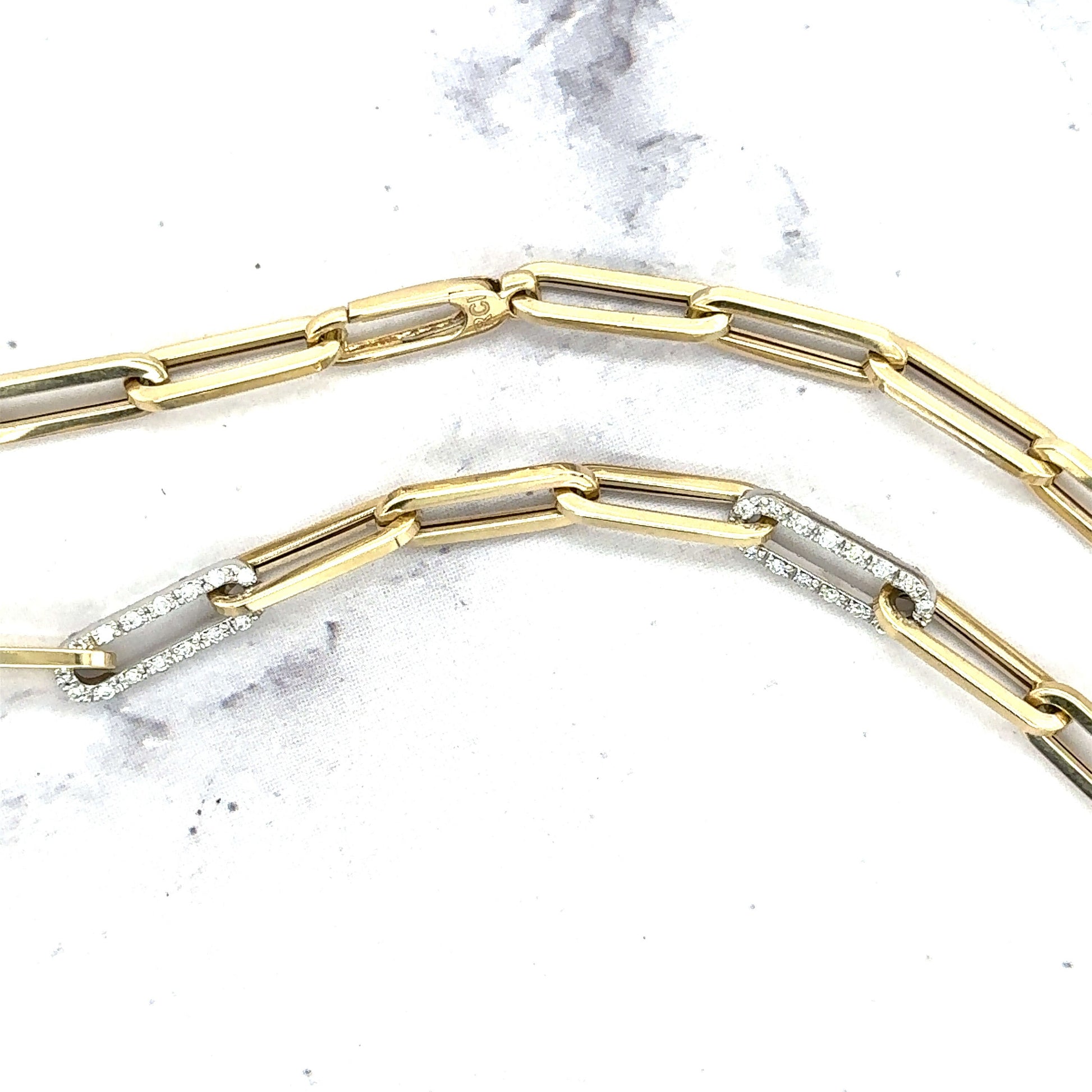 14K Yellow Gold Paperclip Necklace With Three Diamond Links 0.92 Carat, 17", Diamond Paperclip Chain, Real Gold Necklace, Women