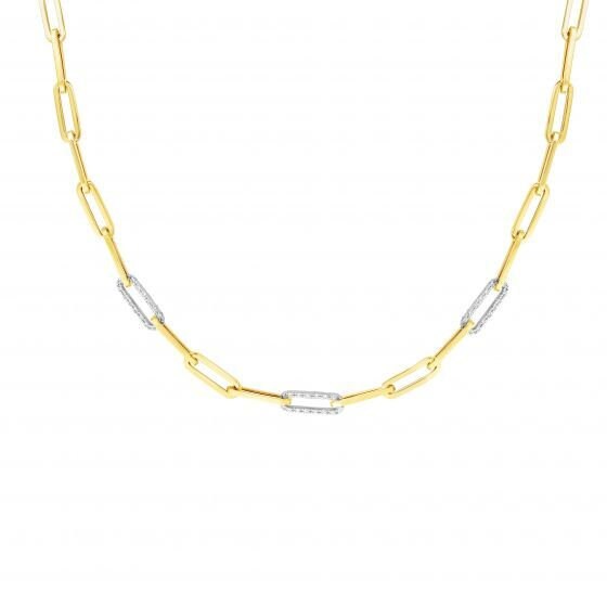 14K Yellow Gold Paperclip Necklace With Three Diamond Links 0.92 Carat, 17", Diamond Paperclip Chain, Real Gold Necklace, Women