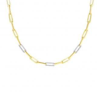 14K Yellow Gold Paperclip Necklace With Three Diamond Links 0.92 Carat, 17", Diamond Paperclip Chain, Real Gold Necklace, Women