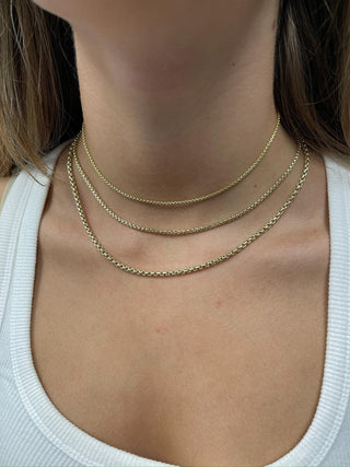 14K Yellow Gold 1.8mm 2.5mm 3.4mm Lite Round Box Chain with Lobster Lock, 16" 18" 20" 22" 24", Real Gold Necklace, Rounded Box Chain, Women