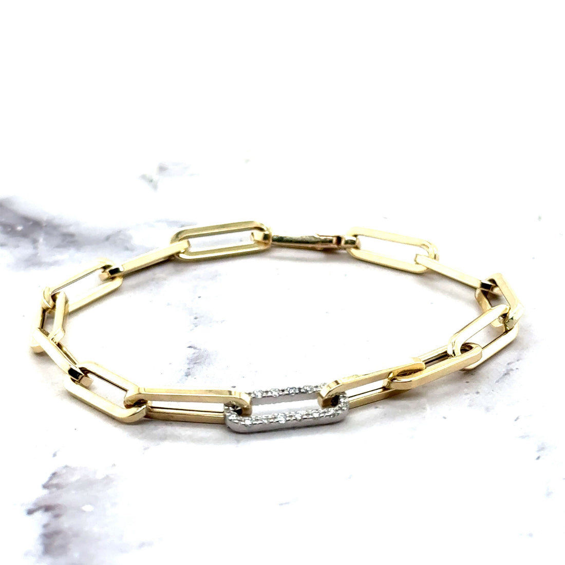 14K Yellow Gold Paperclip Diamond Link Bracelet, 7.5" With One Link 0.30ct, Diamond Paperclip Bracelet, Real Gold Bracelet, Women