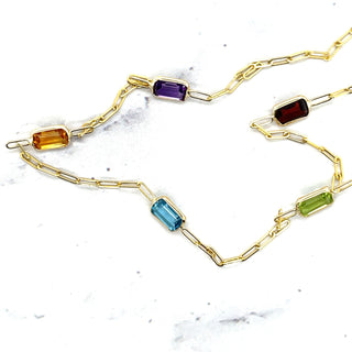 14K Yellow Gold Paperclip Gemstone Necklace, 17", Garnet, Blue Topaz, Citrine, Amethyst, Peridot, Birthstone Necklace, Women