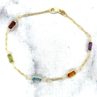 14K Yellow Gold Paperclip Gemstone Bracelet, 7", Garnet, Blue Topaz, Citrine, Amethyst, Peridot, Birthstone Bracelet, Women