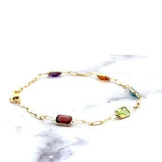 14K Yellow Gold Paperclip Gemstone Bracelet, 7", Garnet, Blue Topaz, Citrine, Amethyst, Peridot, Birthstone Bracelet, Women