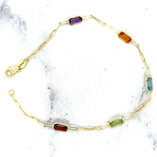 14K Yellow Gold Paperclip Gemstone Bracelet, 7", Garnet, Blue Topaz, Citrine, Amethyst, Peridot, Birthstone Bracelet, Women