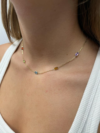 14K Yellow Gold Paperclip Gemstone Necklace, 17", Garnet, Blue Topaz, Citrine, Amethyst, Peridot, Birthstone Necklace, Women