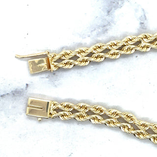 Solid 14K Yellow Gold 6.2mm Double Row Rope Chain Bracelet with Box Lock, 7" 8" Real Gold Bracelet, Weaved Rope Bracelet, Women, Unisex