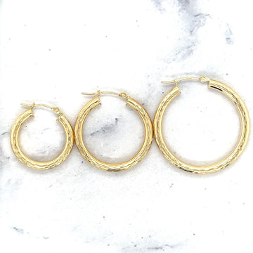 14K Yellow Gold 20mm 25mm 30mm Hoop Earrings, 3mm Thick, Diamond Cut Hoops, Real Gold Hoops, Women