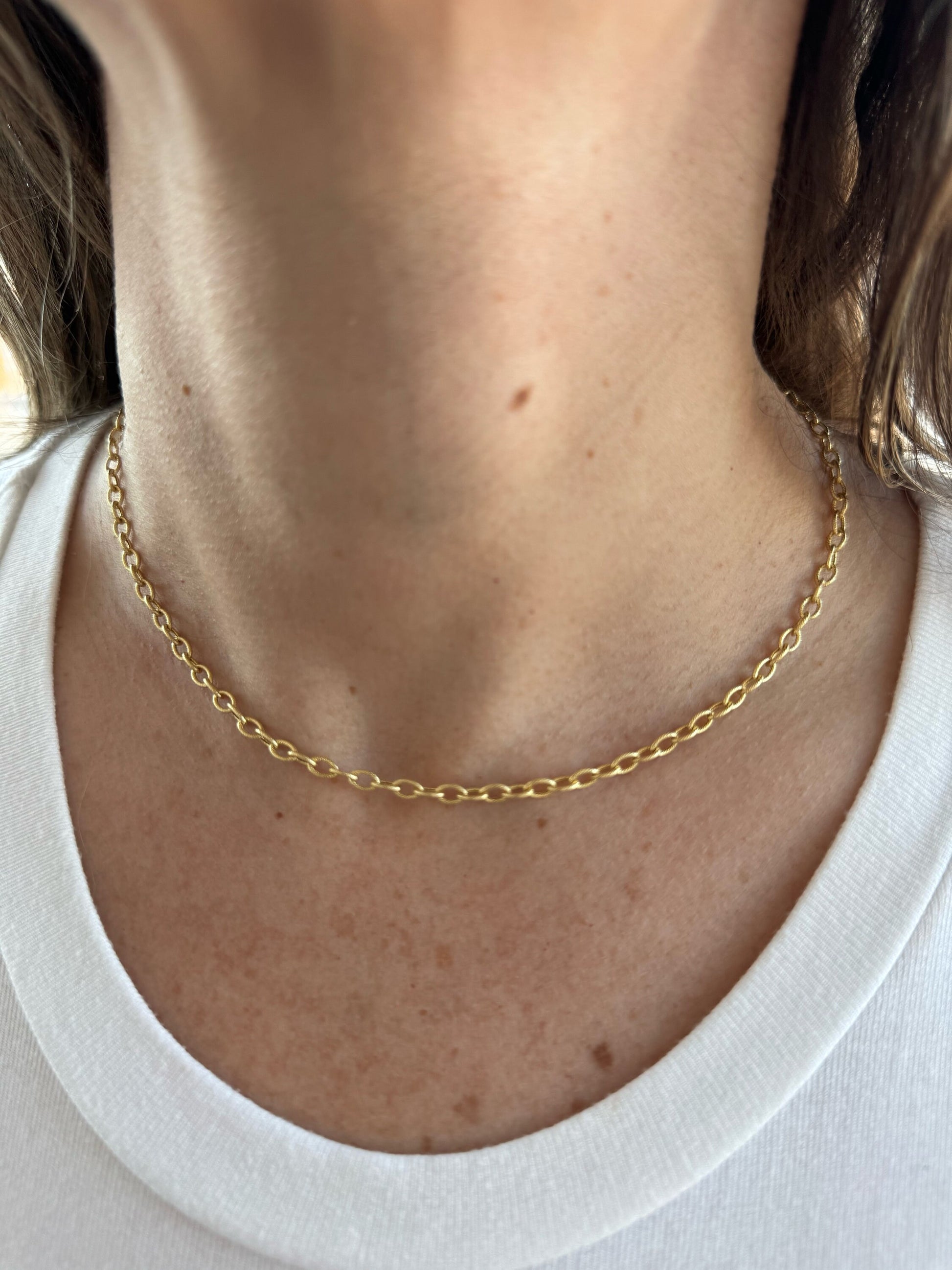 14K Gold Textured Cable Chain, 2.5mm 3.3mm Wide, 16" 18" 20" 24" Oval Link Chain, Real Gold, Women Jewelry