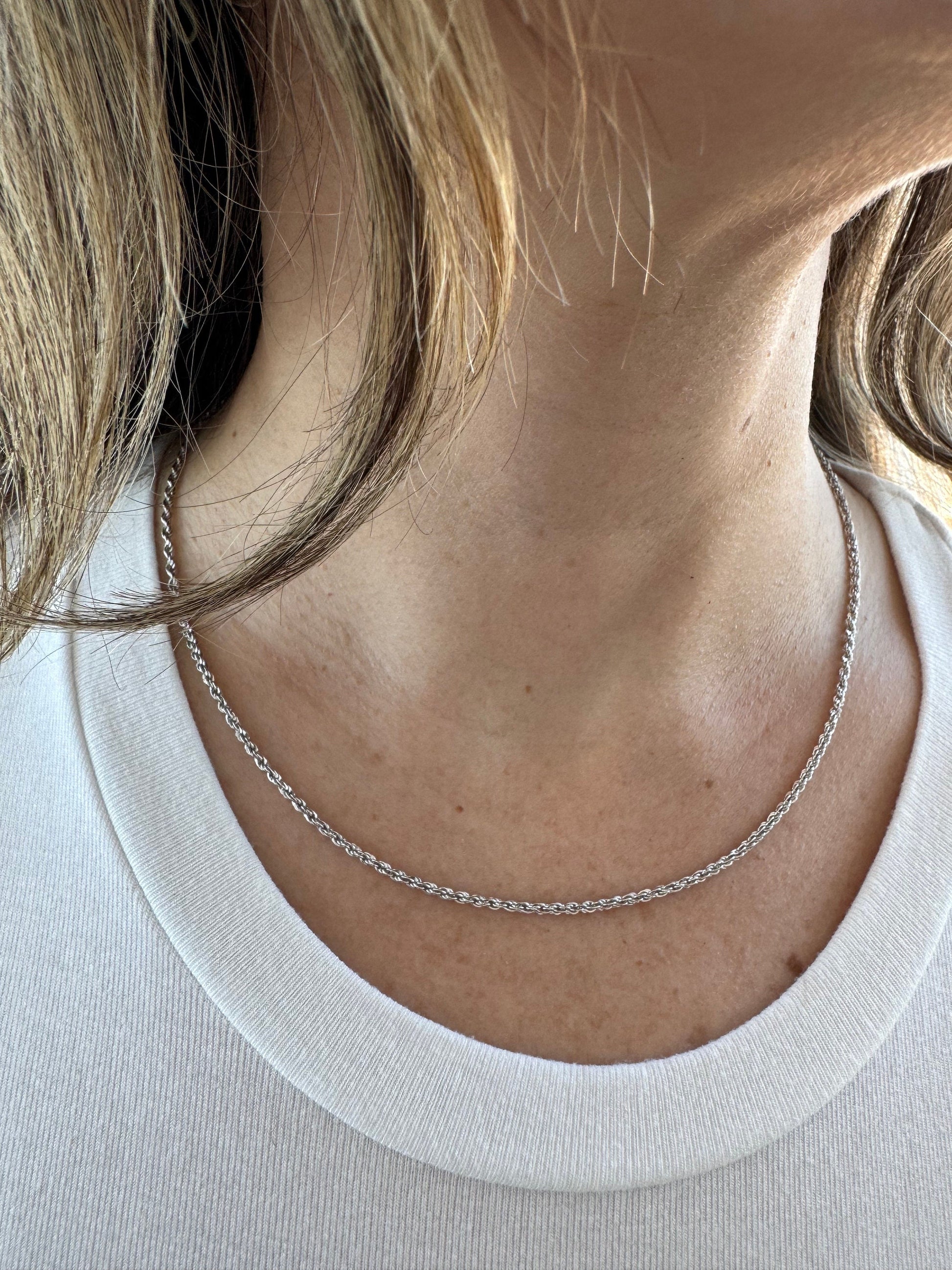 14K White Gold 1.5mm 2mm Lite Rope Chain, 16" 18" 20", Real Gold Rope Necklace, Women