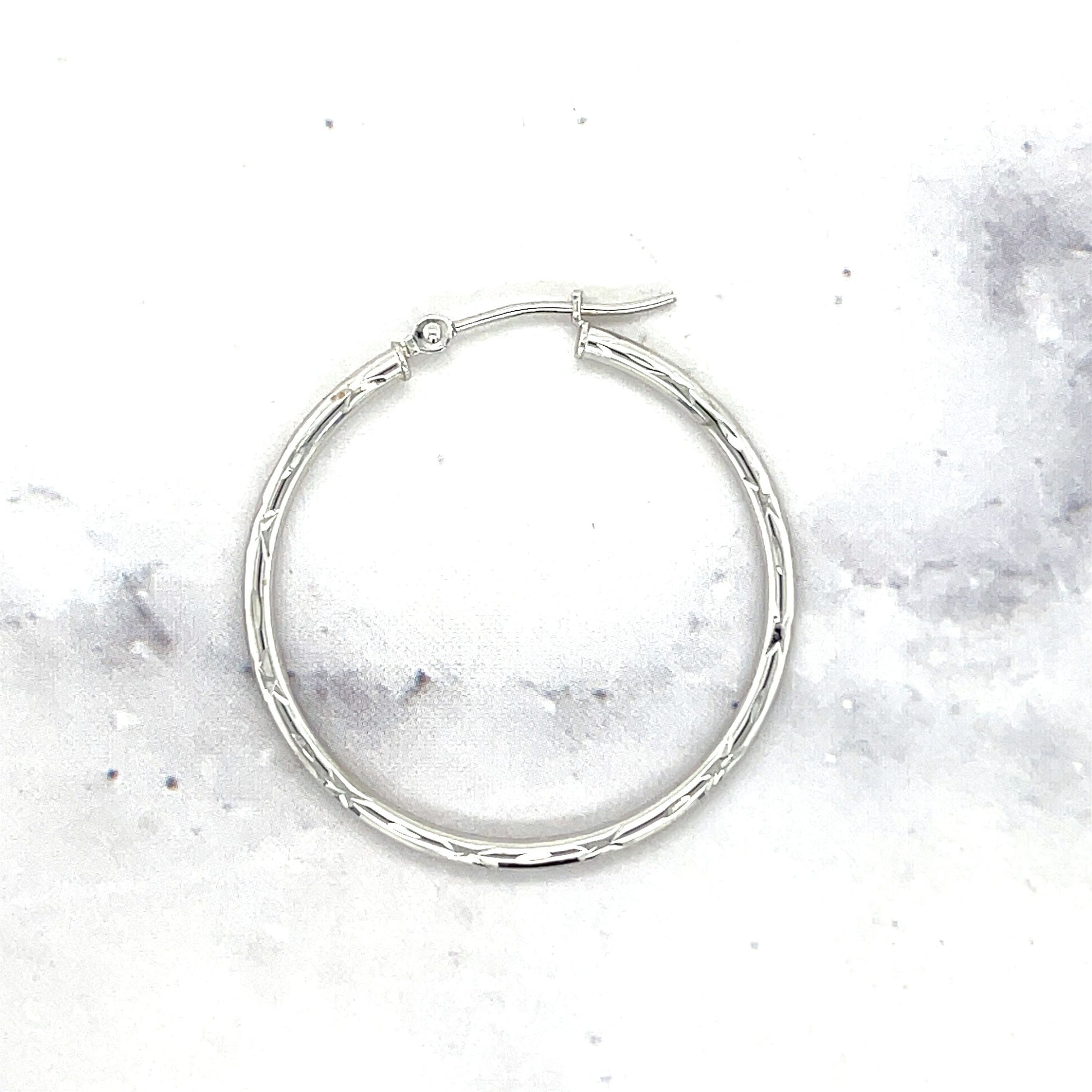 14K White Gold 25mm 30mm 45mm Textured Hoop Earrings, 2mm Thick, Thin Gold Hoops, Real Gold Hoops, Women