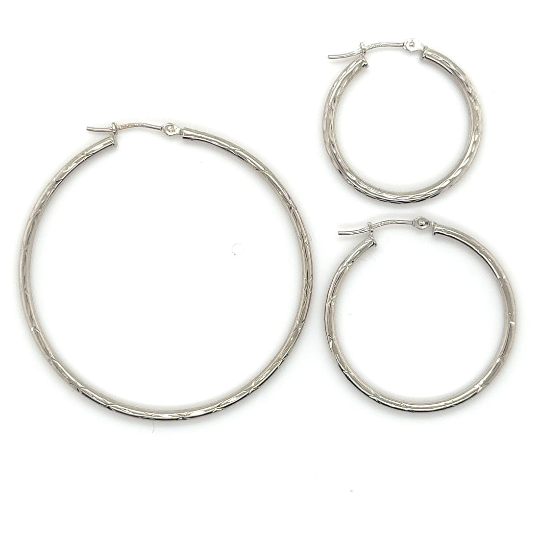 14K White Gold 25mm 30mm 45mm Textured Hoop Earrings, 2mm Thick, Thin Gold Hoops, Real Gold Hoops, Women