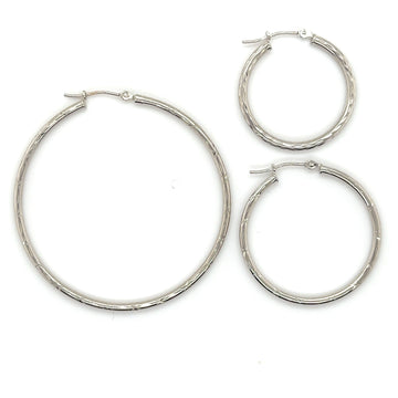 14K White Gold 25mm 30mm 45mm Textured Hoop Earrings, 2mm Thick, Thin Gold Hoops, Real Gold Hoops, Women