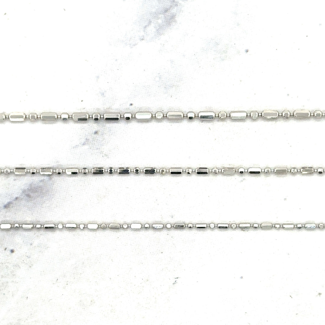 Solid 14K White Gold 0.9mm 1.1mm 1.3mm Diamond Cut Bar and Bead Chain, 16" 18" 20" Real Gold Necklace, Beaded Chain, Women