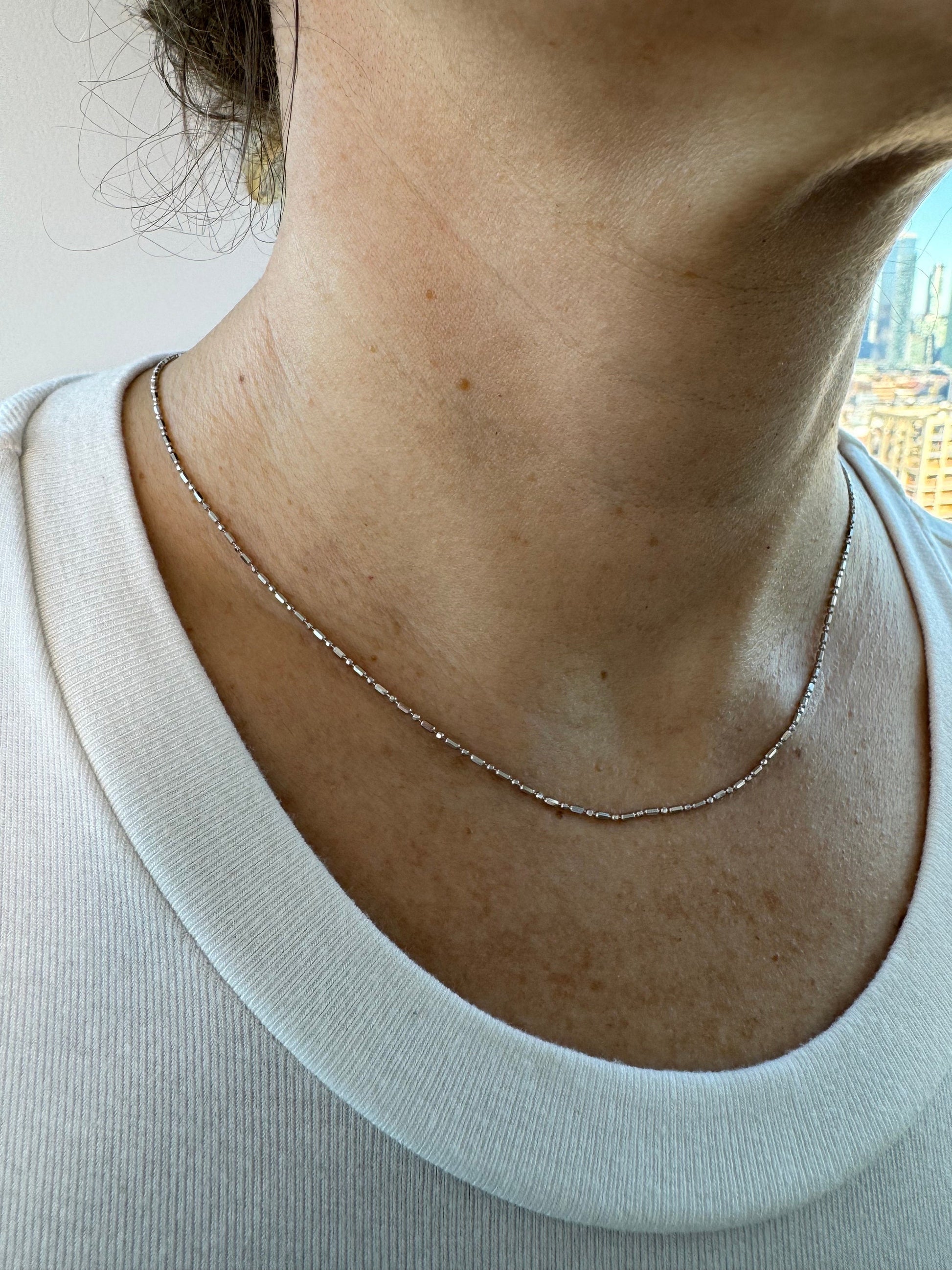 Solid 14K White Gold 0.9mm 1.1mm 1.3mm Diamond Cut Bar and Bead Chain, 16" 18" 20" Real Gold Necklace, Beaded Chain, Women