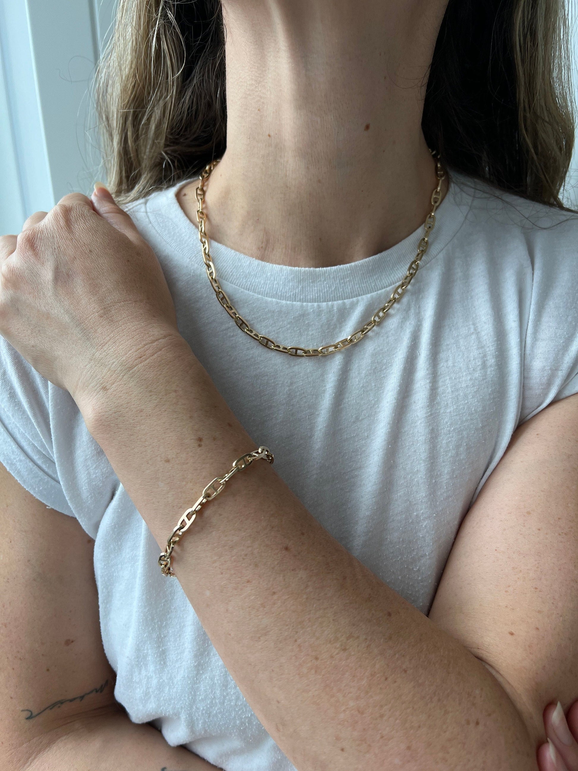 14K Yellow Gold Polished 5.1mm Mariner Bracelet, 7.5" Real Gold Bracelet, Puffed Mariner Bracelet, Women