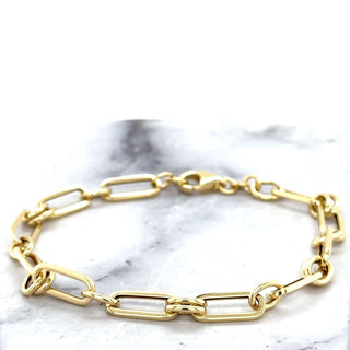 14K Yellow Gold 5.6mm Paperclip Ring Connecting Links Bracelet, 7.5" Real Gold Bracelet, Round Links Paperclip Bracelet, Round Paperclip, Wo