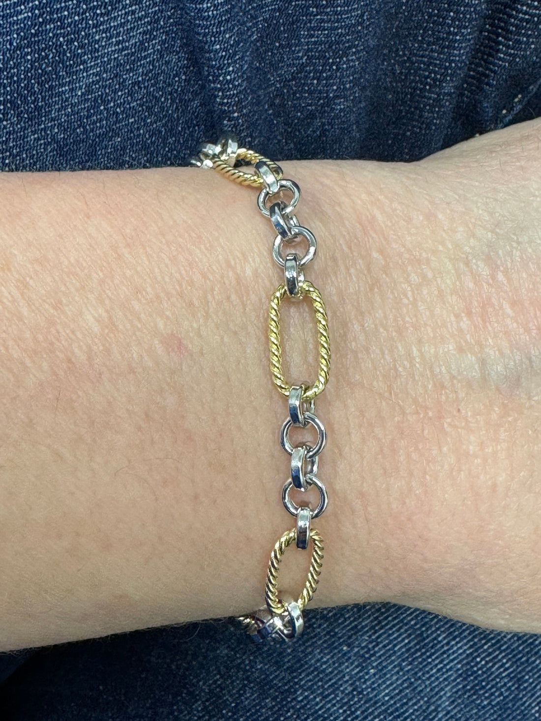 14K Two Tone Gold Alternating Yellow Twisted Oval Rope Links Connected By White Round Links Bracelet, 7.5" Real Gold Bracelet, Women