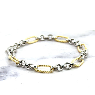 14K Two Tone Gold Alternating Yellow Twisted Oval Rope Links Connected By White Round Links Bracelet, 7.5" Real Gold Bracelet, Women