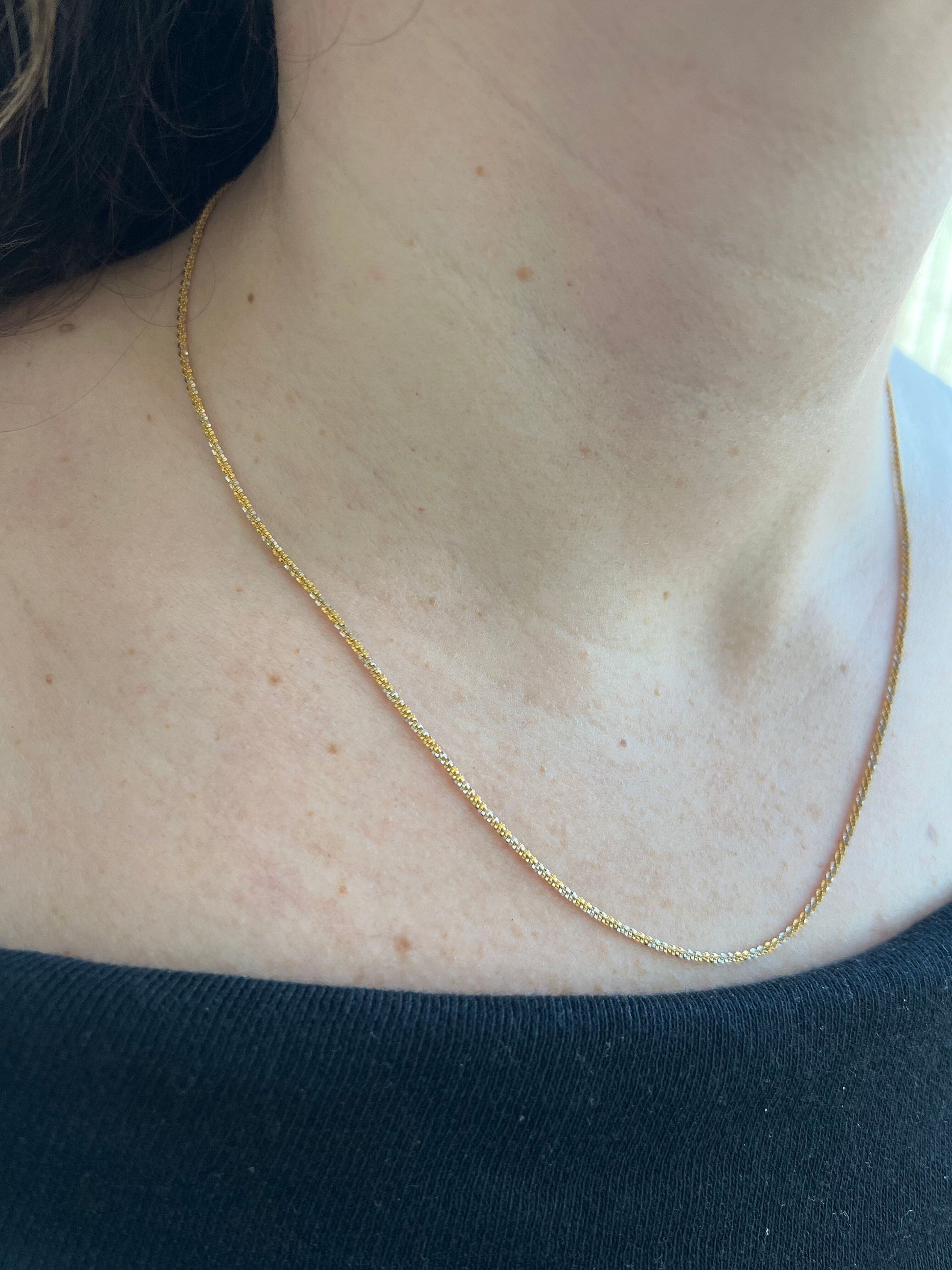 14K Yellow & White Gold 16" 18" 20" Sparkle Rope Chain with Lobster Lock, 1.5mm Wide, Two Tone Chain, Real Gold Necklace, Women