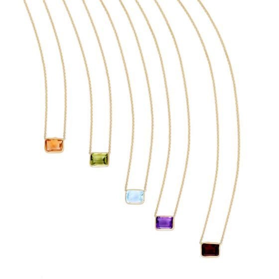 14K Yellow Gold Emerald Cut Blue Topaz Necklace, 18" Semi Precious Stone Necklace, Amethyst, Peridot, Garnet, Citrine, Birthstone Pendant