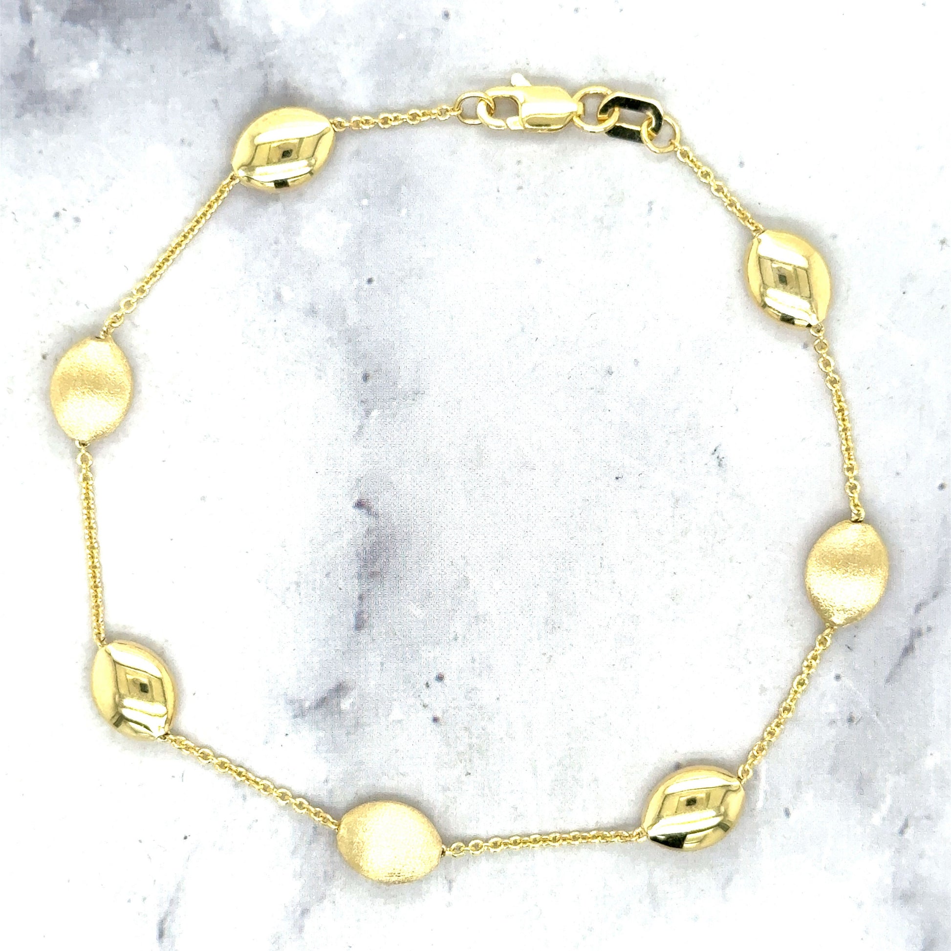 14K Yellow Gold Satin & Matte Pebble Strand Bracelet, 7.25" Real Gold Bracelet, Fashion Beaded Bracelet, Women