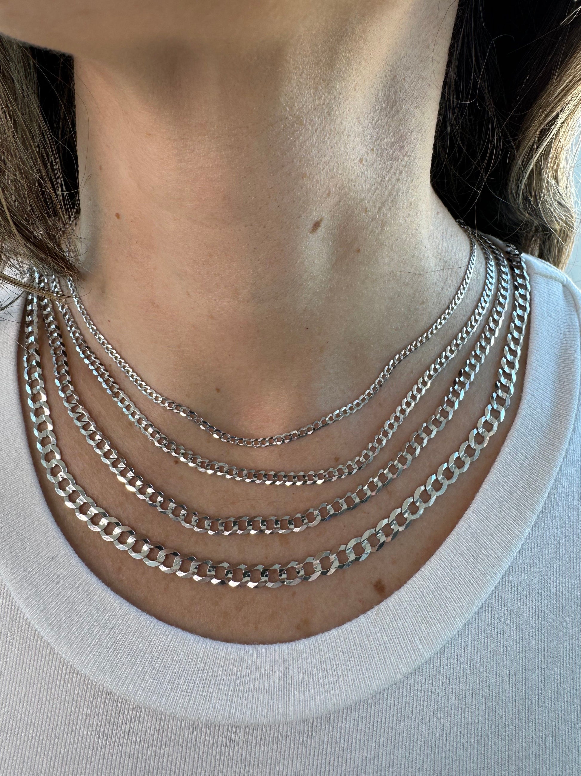 Solid 14K White Gold 2.6mm 3.6mm 4.7mm 5.7mm Comfort Curb Necklace, 16" 18" 20" 22" 24" 26" 30" Real Gold Chain, Curb Chain, Women, Unisex