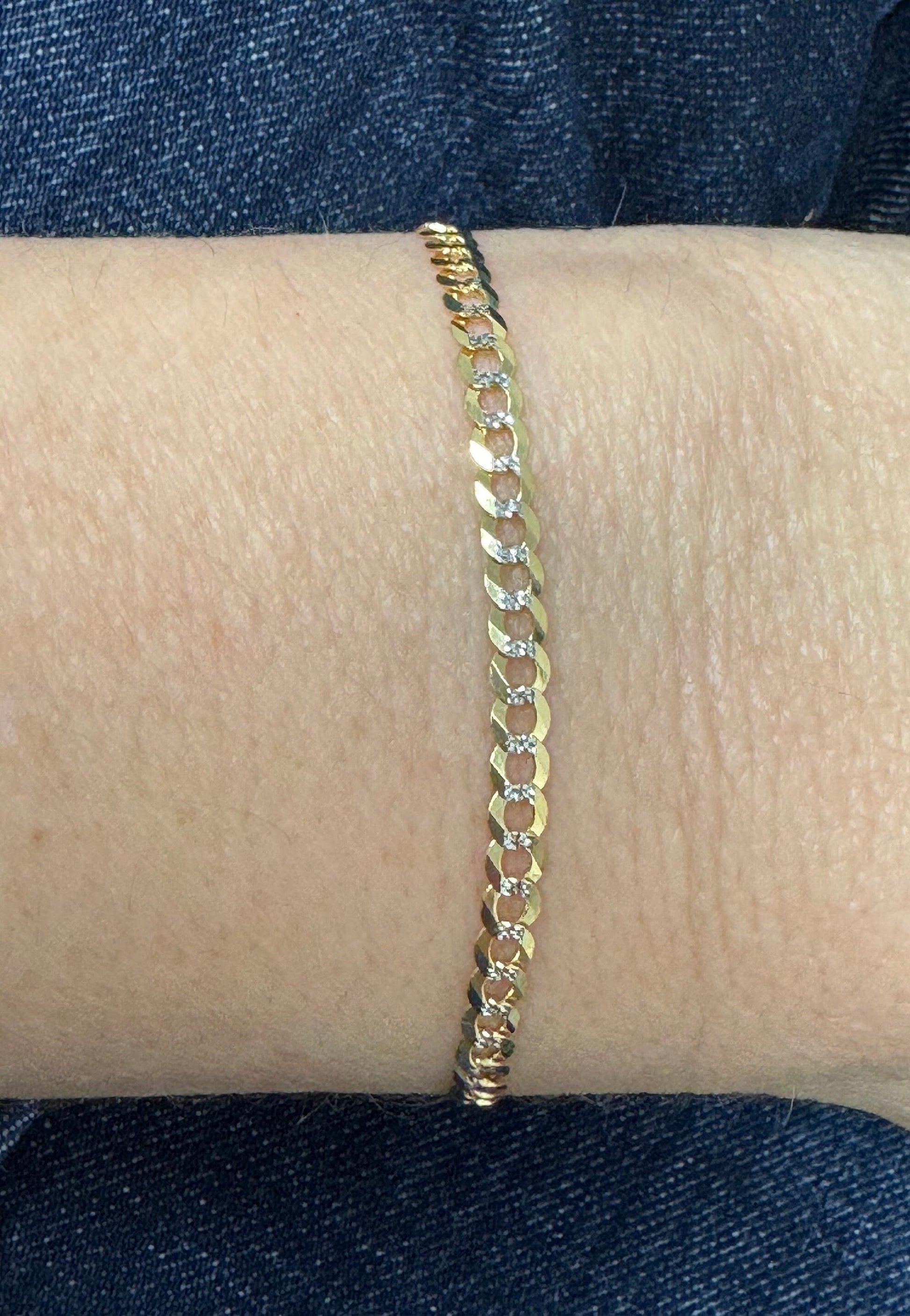 Solid 14K Two Tone Gold 3.6mm Pave Curb Chain Bracelet, 7" Yellow White Gold Curb Bracelet, Real Gold Bracelet, Women