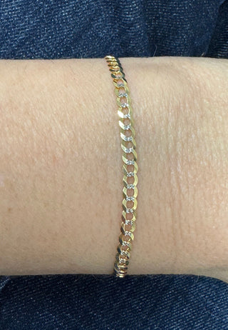 Solid 14K Two Tone Gold 3.6mm Pave Curb Chain Bracelet, 7" Yellow White Gold Curb Bracelet, Real Gold Bracelet, Women