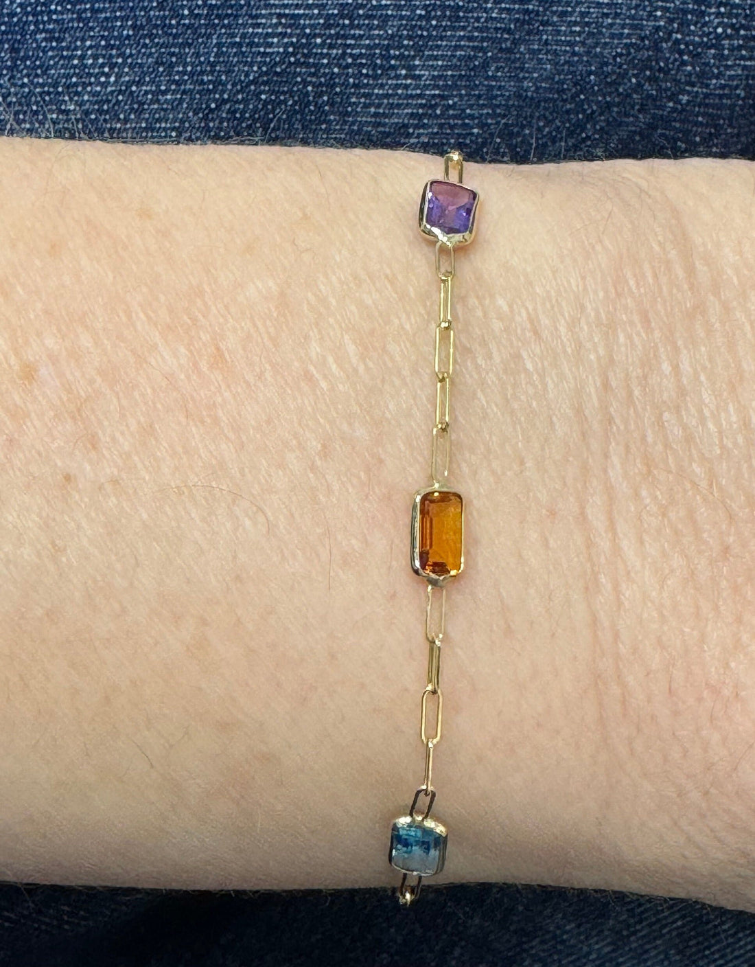 14K Yellow Gold Paperclip Gemstone Bracelet, 7", Garnet, Blue Topaz, Citrine, Amethyst, Peridot, Birthstone Bracelet, Women