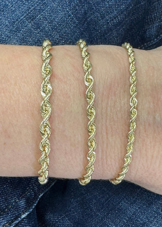 Solid 14K Yellow Gold 3mm 3.7mm 4.3mm French Rope Chain Bracelet, 7" 8", Silk Rope Bracelet, Real Gold Bracelet, Women