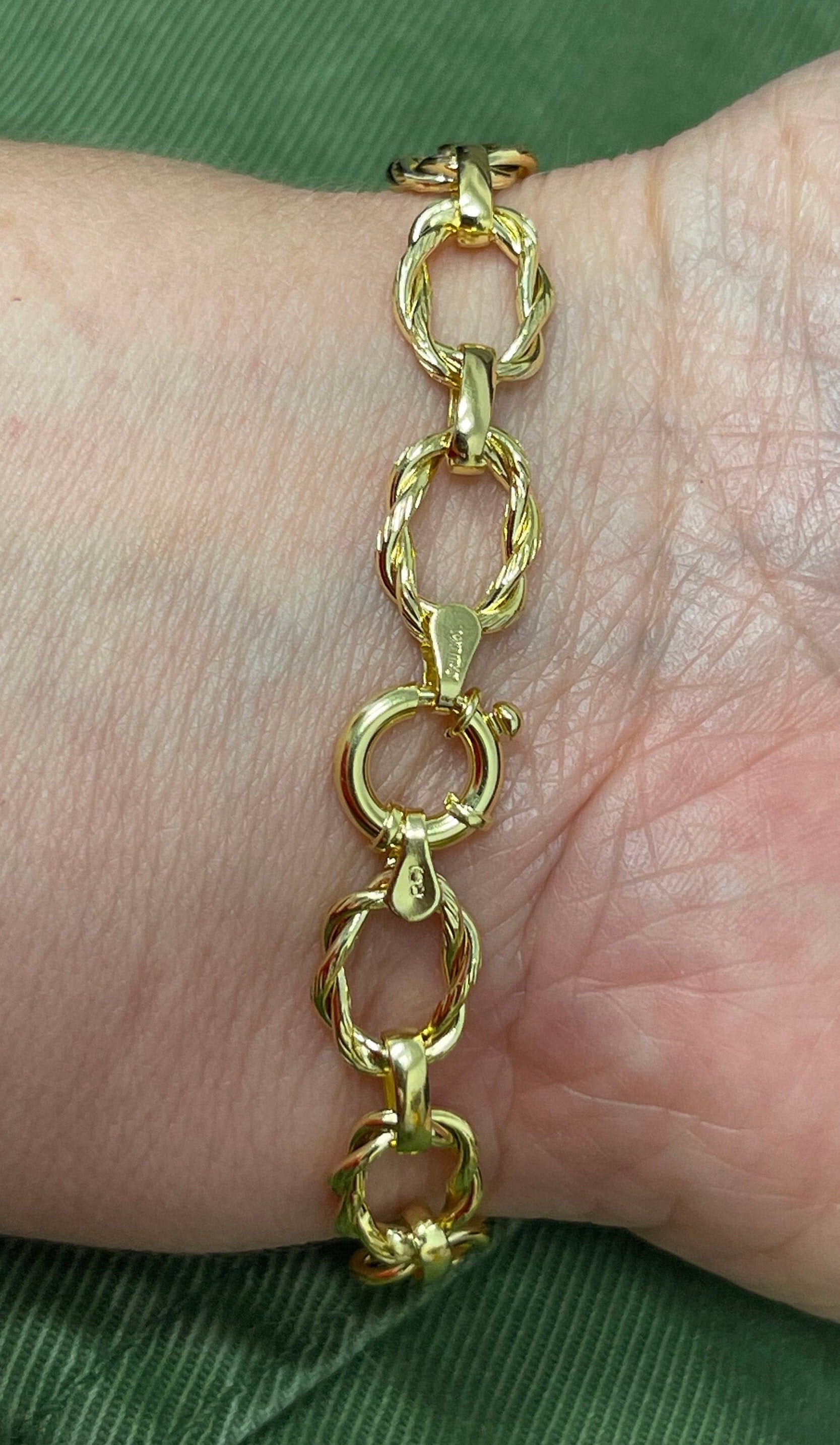 14K Yellow Gold 7.5" Twisted Oval Link Bracelet, 10mm Wide, Real Gold Bracelet, Women Wide Link Bracelet