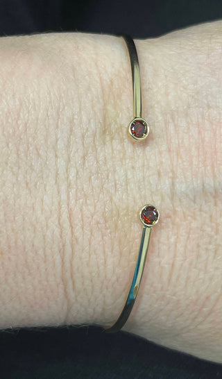 14K Yellow Gold 3mm Garnet Open Cuff Bangle Bracelet, Gemstone Jewelry, Real Gold Bangle, Women