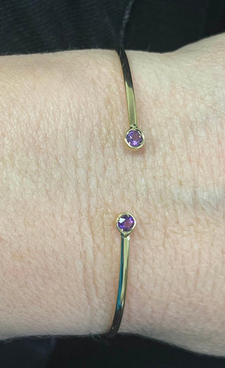 14K Yellow Gold 3mm Round Amethyst Open Cuff Bangle Bracelet, Gemstone Jewelry, Real Gold Bangle, Women