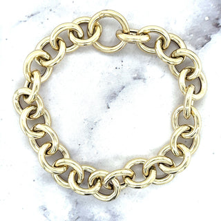 14K Yellow Gold 12mm Round Link Bracelet with Push Lock Clasp, 7.5" Real Gold Bracelet, Chuncky Circle Link Bracelet, Women