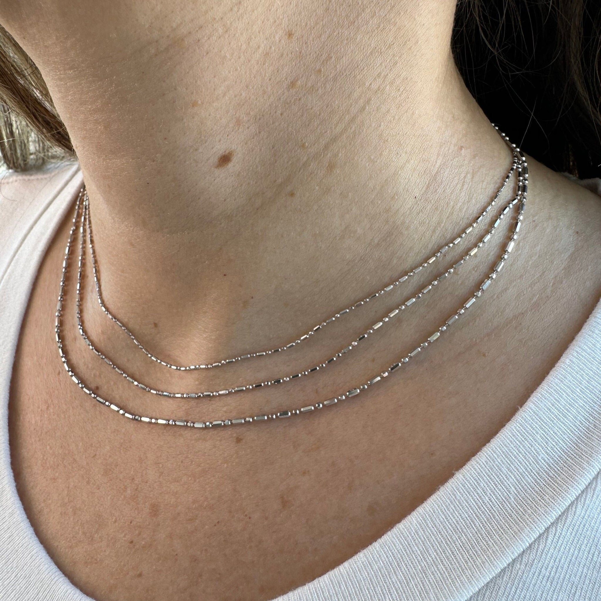 Solid 14K White Gold 0.9mm 1.1mm 1.3mm Diamond Cut Bar and Bead Chain, 16" 18" 20" Real Gold Necklace, Beaded Chain, Women