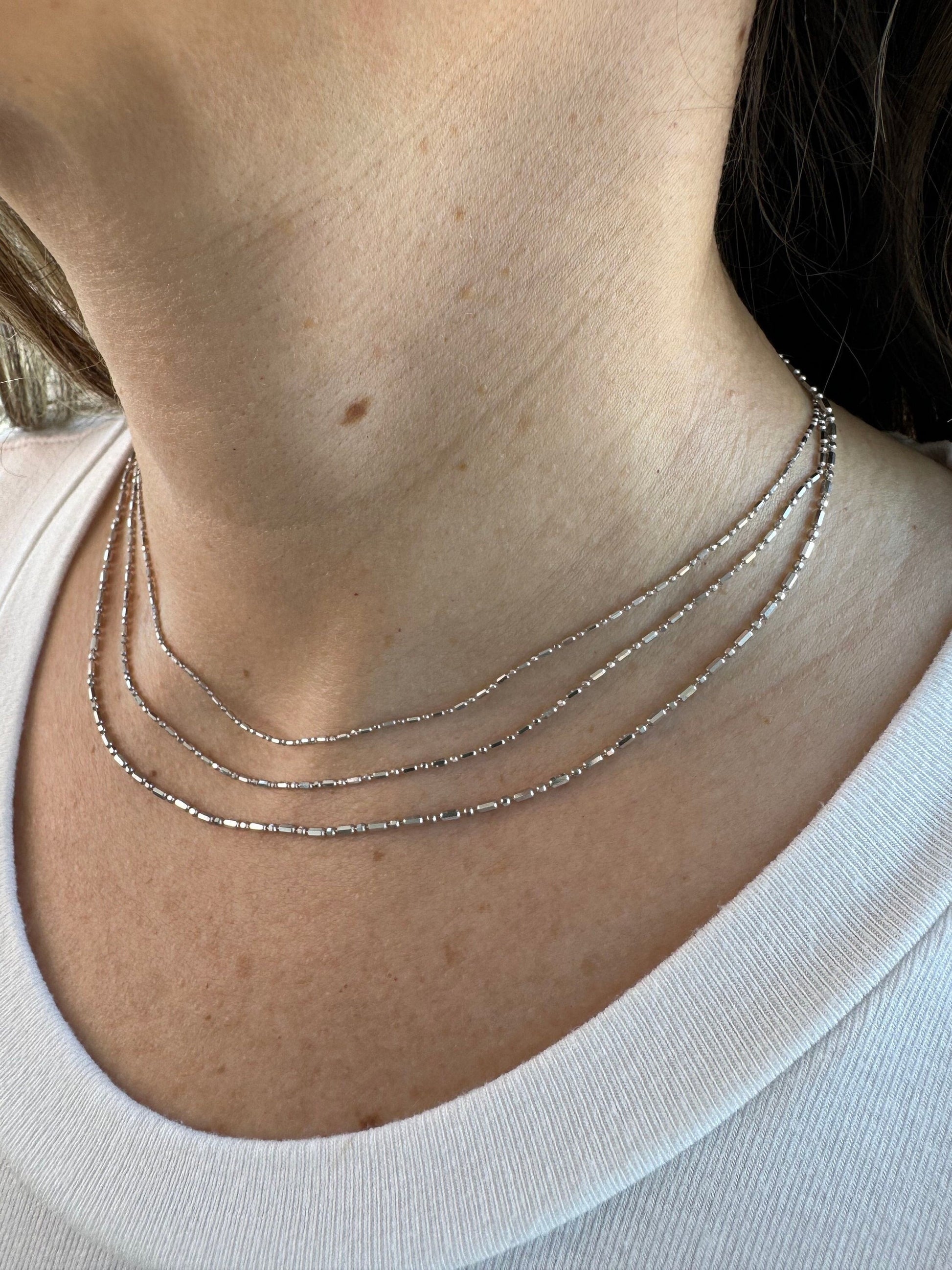 Solid 14K White Gold 0.9mm 1.1mm 1.3mm Diamond Cut Bar and Bead Chain, 16" 18" 20" Real Gold Necklace, Beaded Chain, Women