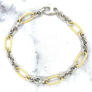 14K Two Tone Gold Alternating Yellow Twisted Oval Rope Links Connected By White Round Links Bracelet, 7.5" Real Gold Bracelet, Women