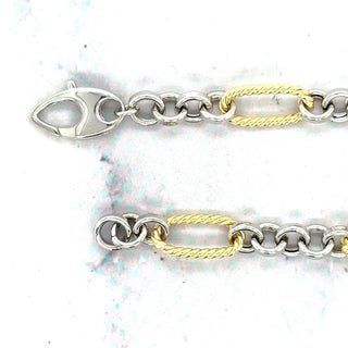 14K Two Tone Gold Alternating Yellow Twisted Oval Rope Links Connected By White Round Links Bracelet, 7.5" Real Gold Bracelet, Women