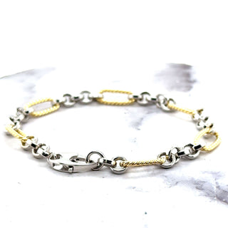 14K Two Tone Gold Alternating Yellow Twisted Oval Rope Links Connected By White Round Links Bracelet, 7.5" Real Gold Bracelet, Women